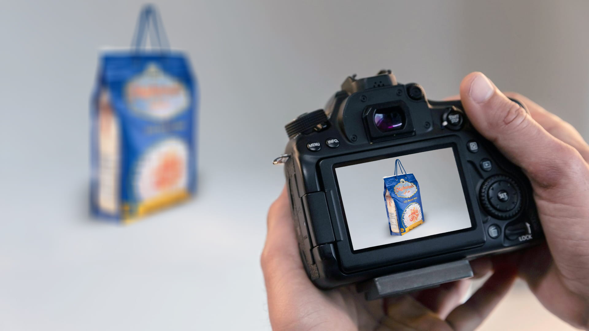 360° Product Spin Photography – 5kg Basmati Rice Bag (80 Shots)